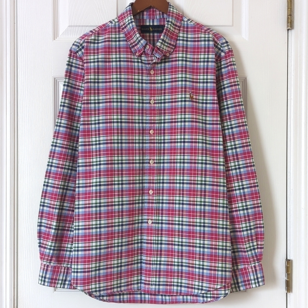 Ralph Lauren Classic Preppy Plaid Long Sleeve Button Down Shirt Hot Pink XL - Picture 1 of 12